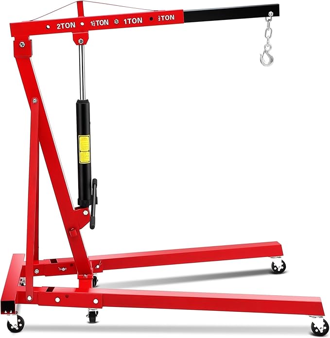 2 Ton Engine Hoist, Hydraulic Cherry Picker Engine Hoist Lift, 4400LBS Heavy Duty Crane Lifter with 6 Casters and Telescopic Boom, Foldable & Portable Design, for Garage, Workshop, Warehouse (Red)