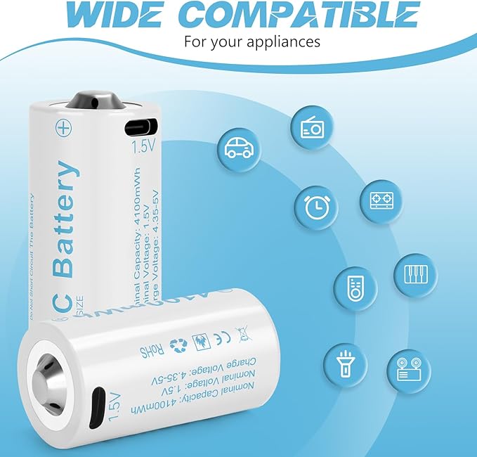 Rechargeable Lithium C Battery 8 Pack, Batteries c Size，Long Lasting1.5V C Batteries Rechargeable with 4 in 1 USB-C Charge Cable for Television Remote, Flashlights