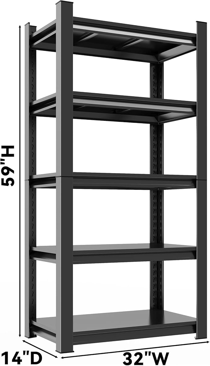 59" H Garage Shelving 3000LBS Capacity Heavy Duty Storage Shelves, Adjustable 5 Tier Metal Industrial Shelf for Kitchen, Utility Room, Warehouse and Basement,14" Dx32 Wx59 H, Black