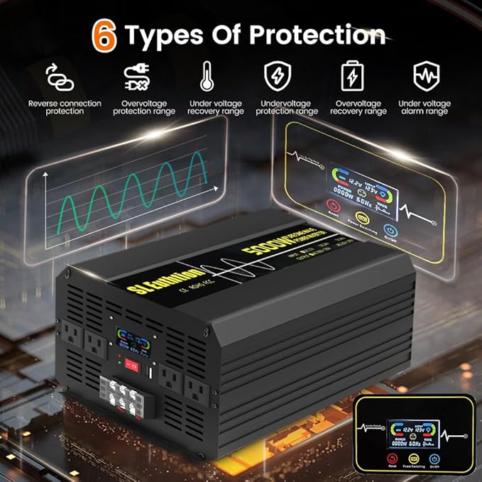 5000W/10000W(Peak) Pure Sine Wave Car Power Inverter 12V DC to 120V AC 60HZ with LCD Display, USB Port, Wireless Remote Control（10M) for Car Home Laptop Truck