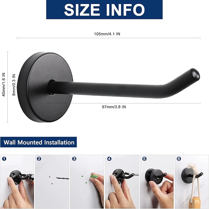 NearMoon Coat Hooks, Wall Hooks for Hanging Hat Hurse Robe, 304 Stainless Steel Heavy Duty Towel Hangers for Bathroom Livingroom Hotel Kitchen Garage, 6 Pack (4 Inch, Matte Black)