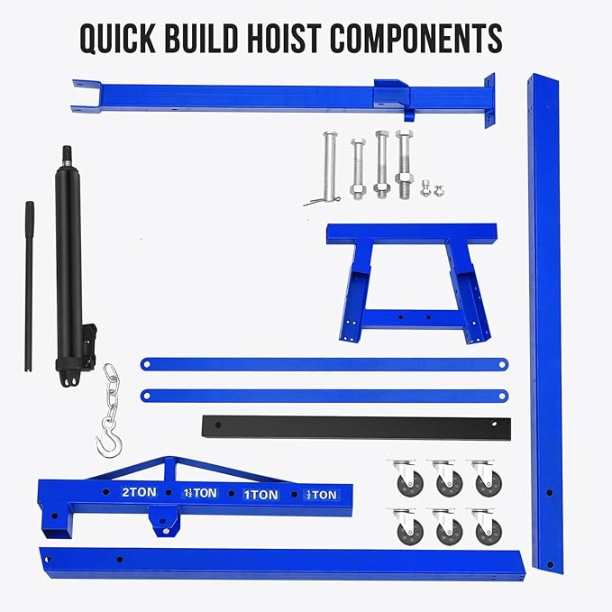 2 Ton Engine Hoist, Hydraulic Cherry Picker Engine Hoist Lift, 4400LBS Heavy Duty Crane Lifter with 6 Casters and Telescopic Boom, Foldable & Portable Design, for Garage, Workshop, Warehouse (Blue)