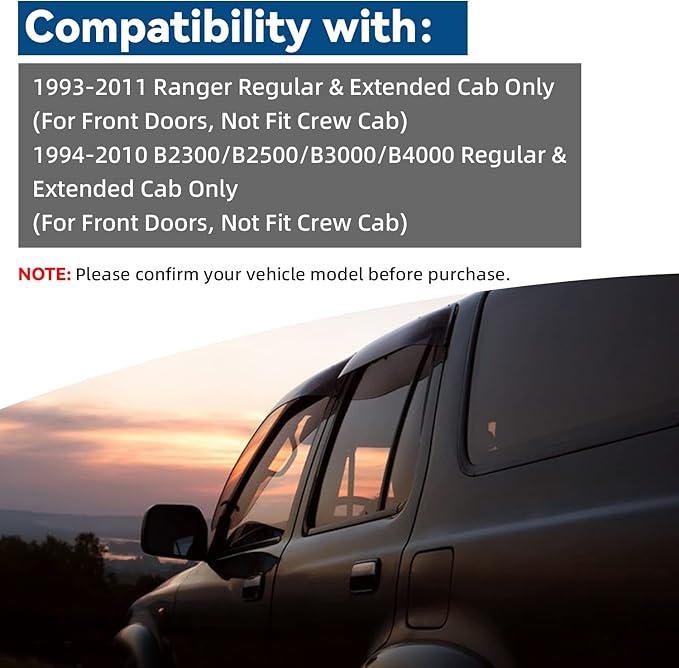 Set of 2 in Channel Front Doors Smoke Sun/Rain Guard Wind Deflector Tape-On Acrylic Window Visors Compatible with 1993-2011 Ranger 1994-2010 B2300/B2500/B3000/B4000 Regular & Extended Cab
