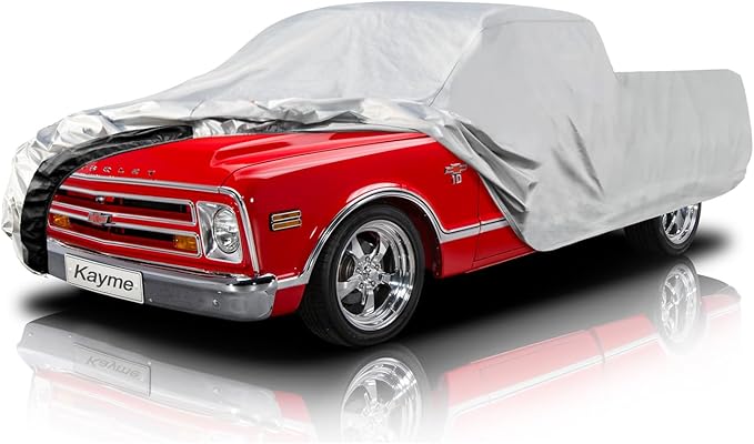 Kayme 6 Layers Truck Cover Waterproof All Weather, Heavy Duty Outdoor Pickup Cover Sun Uv Rain Protection, Universal Fit for Chevy C10 S10, Ford F100 Ranger Maverick,etc (Length Up to 210 inch) M