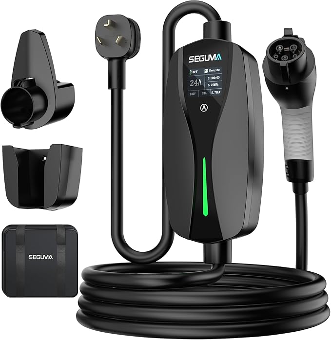 Level 2 EV Charger with NEMA 10-30 Plug, 24Amp 240V, 25FT Extension Cord, Adjustable Current (10-24A), Portable Home Mobile Dryer EV Charger for J1772 Electric Vehicles, Fits 3-Prong Dryer Outlet