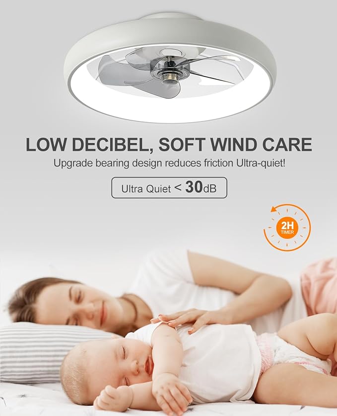Ultra Low Profile Ceiling Fans with Lights and Remote Ultra Quiet 25 dB, 21" Modern Flush Mount Ceiling Fan LED Ceiling Fan Fandelier Ceiling Milky White