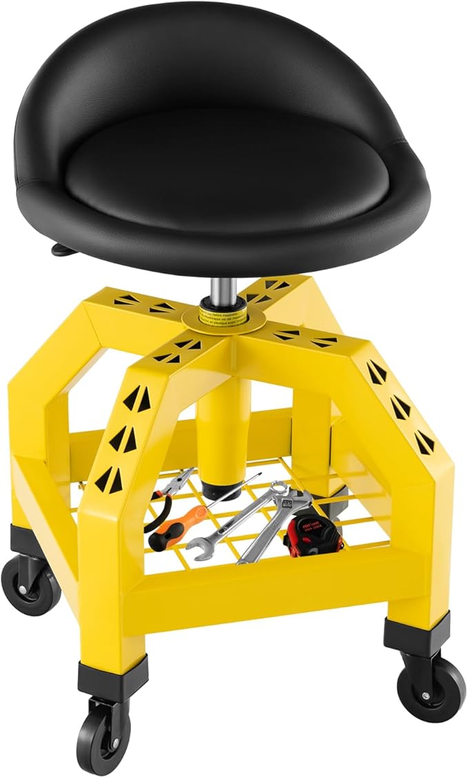 Goplus Rolling Garage Stool, 22.5”-27.5” Adjustable Mechanic Chair with Padded Seat, 330LBS Capacity, Tool Tray, Heavy Duty Creeper Seat, 360° Swivel Shop Stool for Workshop
