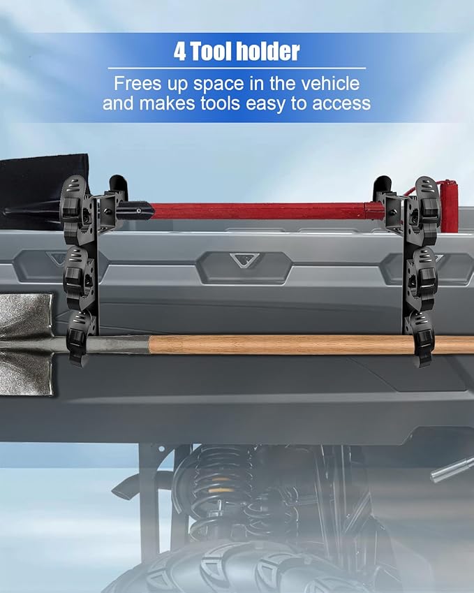 Upgraded Dual UTV Cargo Bed Tool Holders Compatible with Polaris Ranger and General, 4 Position Tool Carrier Mounting Kit, Shovel Holder Fits All UTV Round Bed Anchor Holes, No Drilling