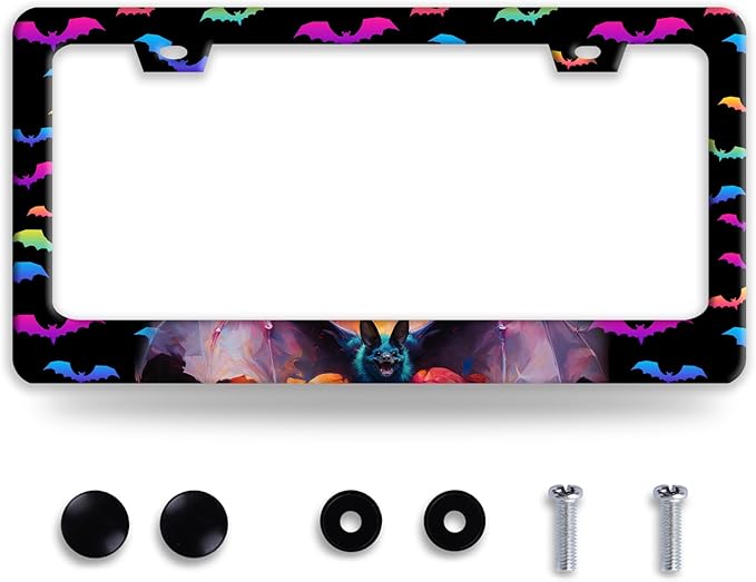 Bat License Plate Frame Funny Gothic License Plate Frames Stainless Steel Accessories Cars Decor with 2 Holes and Screws Reusable Fits Standard Us Ca Vehicles License Plate Holder 12.2 X 6 Inch