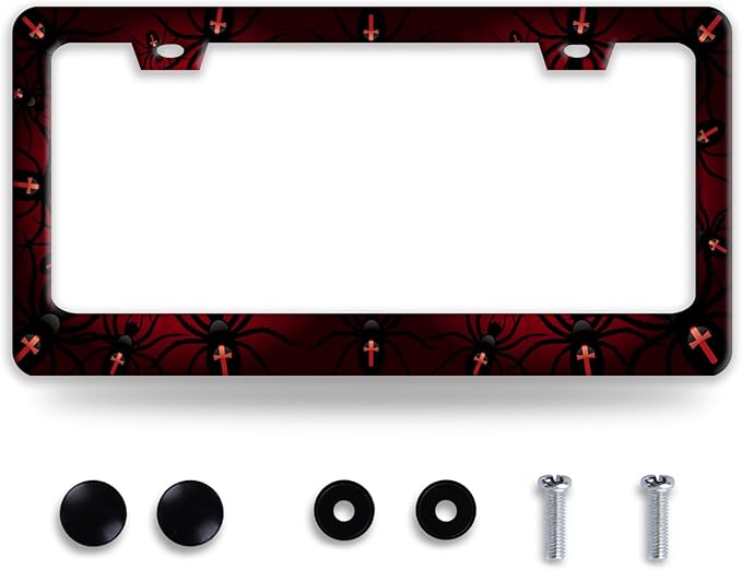 Personalise Bat Spider Web License Plate Frame Red Black License Plate Frames Colorful Auto Accessoies Bracket Stainless Steel License Plate 6.3x12.3 Inch for Women