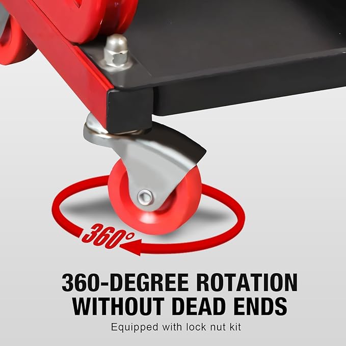 Big RED 250lb Red Rolling Automotive Creeper Garage/Shop Seat: Padded Mechanic Stool with Tool Large Tray Suitable for garages, Repair Shops