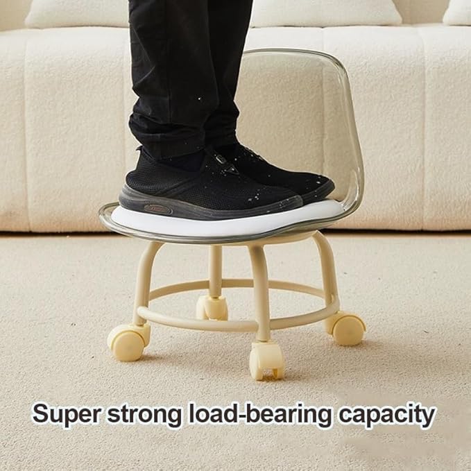 Low Rolling Stool with Wheels,Mini Rolling Garage Stool with Back Support,360° Rotating Floor-Friendly Wheels for Home, Office,Garage & Salon (Transparent White)
