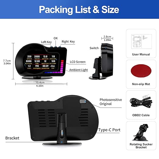 Head Up Display HUD F16 with OBD2 + GPS Dual System Digtial Speedometer, 3.5" IPS Smart Gauge, Speed, Voltage, Engine RPM, OverSpeed Warning, Water Temperature, Turbo Pressure for Cars After 2008