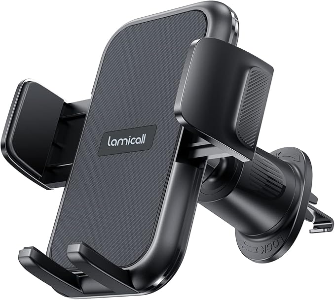 Lamicall 2025 Wider Clamp & Metal Hook Car Phone Holder Vent [Thick Cases Friendly] Phone Holders for Your Car Mount Automobile Hands Free Cradle Air Vent for Smartphone (Dark Grey)