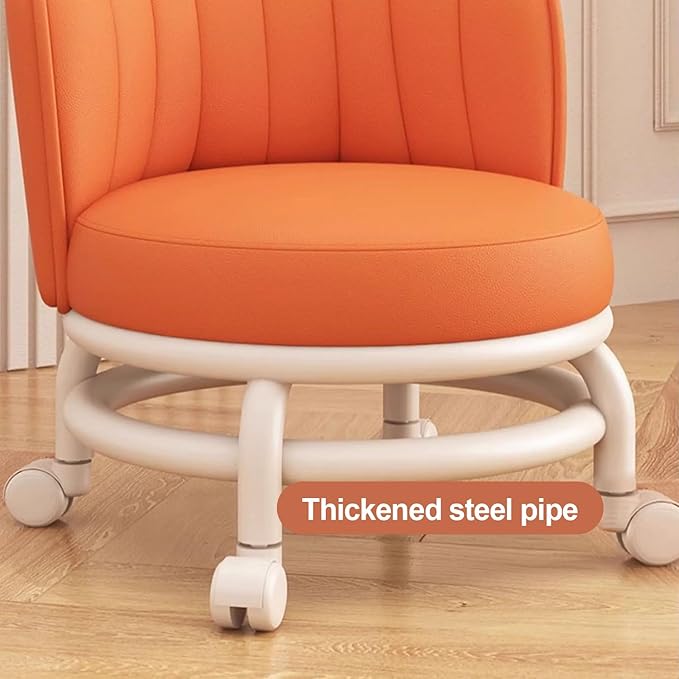 Low Rolling Stool with Backrest,Rolling Pedicure Seat,Low Stool with Wheels for Home, Office, Garage, Shop, Library (Orange)