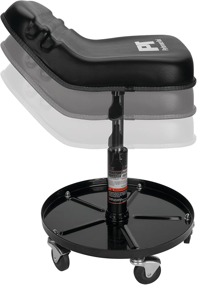 Performance Tool W85020 Tractor Creeper Rolling Work Seat with Storage Tray for Mechanic Garages and Workshops, Black, 24-inch Height