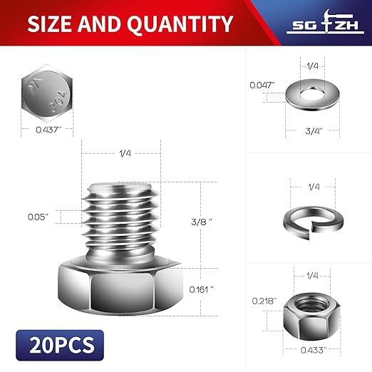 1/4-20 x 3/8" Hex Head Screw Bolt, Nuts, Flat & Lock Washers, 20Pcs 18-8 (304) Stainless Steel, Fully Threaded, by SG TZH