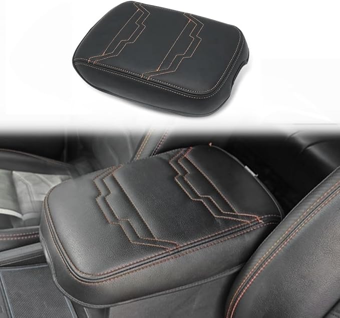 Muslogy for Frontier Center Console Pad Armrest Box Cover Vegan Leather Soft Accessories Armrest Lid Protector Compatible with Nissan Frontier 2022-2024 2025 (Regular Thick, V2 Orange Stitching)