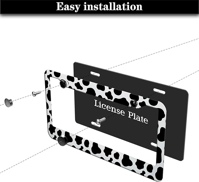 License Plate Frames Black and White License Plate Frame Animal Cow Print White Black Spot Design Universal Aluminum Car Accessory 2 Pack with Screw Covers Set