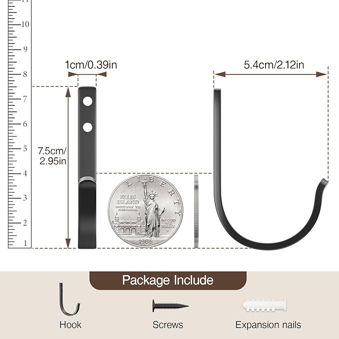 20-Pack Wall Hooks for Hanging Towel/Coat - 22LB Screw in Metal Hanger Wall Mount, for Outdoor, Closet, Door, Bathrooms, for Backpack, Robe, Black
