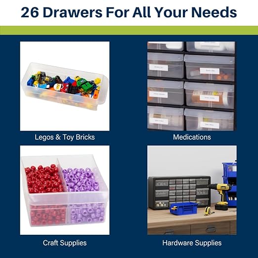Akro-Mils 26-Drawer Plastic Drawer Storage Cabinet for Garage Organization, Bead Organizer, Building Bricks Storage, Teacher Toolbox, Makeup Organizer, 20-Inch W x 6-Inch D x 10-Inch H, 10126 Black
