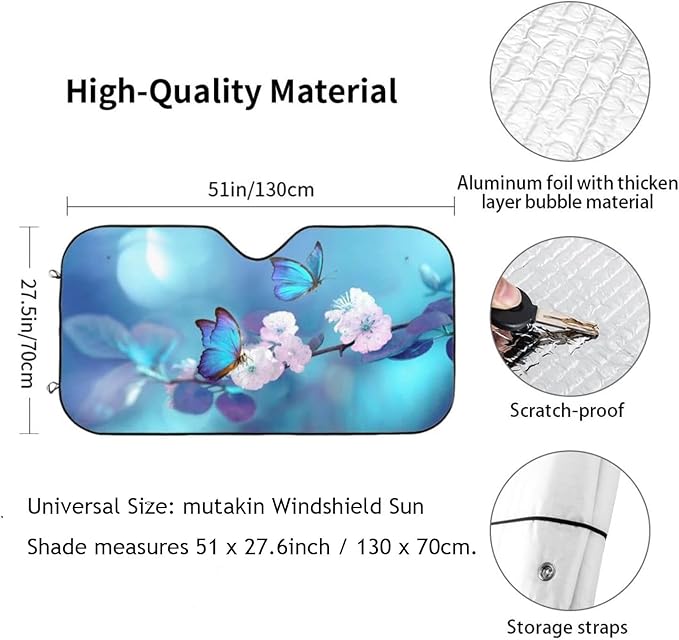 Blue Butterfly Flower Car Windshield Sunshade Front Window Sun Visor Protector Foldable Shield Cover for Truck SUV