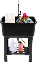 Free Standing Utility Sink with Washboard Laundry Tub Sink for Outdoor,Garage,Basement,Garden wuth Faucet,Drain,Storage Shelf (Black, 23.6 * 15.8 * 30.1in)