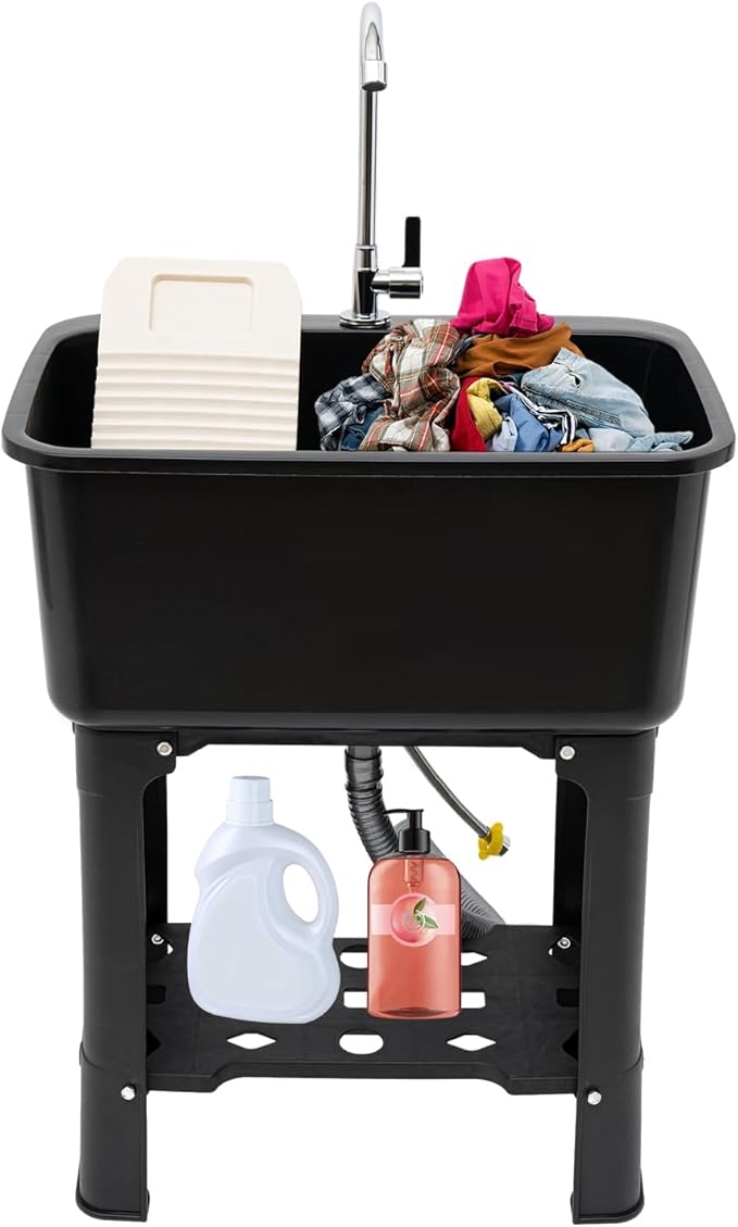 Free Standing Utility Sink with Washboard Laundry Tub Sink for Outdoor,Garage,Basement,Garden wuth Faucet,Drain,Storage Shelf (Black, 23.6 * 15.8 * 30.1in)
