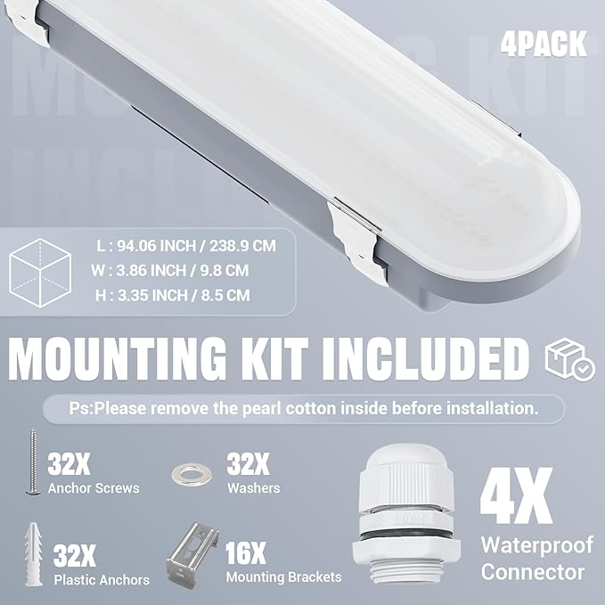 JTT 8FT LED Vapor Tight Light 120/100/80W Tunable, 18000lm LED Vapor Proof Lighting Fixture IP66, 5000K/4000K/3000K Outdoor Shop Light Waterproof for Parking Garage Car Wash Warehouse ETL Listed
