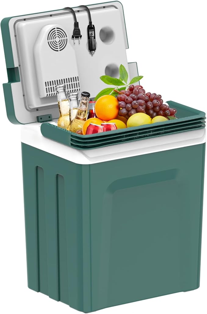 SHAREWIN Electric Cooler & Warmer with Handle 26.5 Quart/25L Portable Thermoelectric Fridge for Vehicles & Trucks with 110V AC & 12V DC, 12V Car Cooler for Camping, Travel Army Green