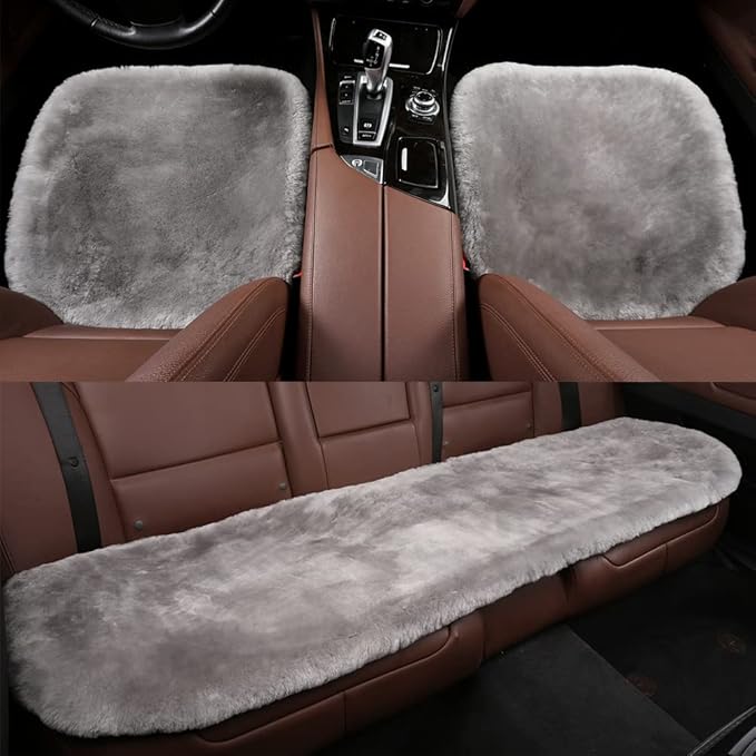 LLB Genuine Sheepskin Car Seat Cushion Seat Covers for Cars Trucks SUV Comfort Seat Protector Pad for Car Driver Seat Car Accessories (Grey, 2 Front Seat Cushions & Bench Seat Cushion-3 Pcs)