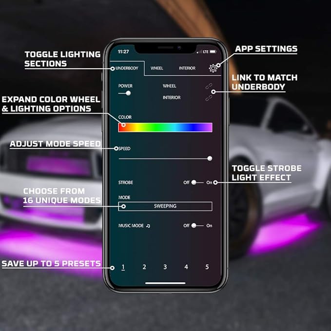 LEDGlow 4pc Bluetooth Million Color LED Underbody Underglow Accent Neon Lighting Kit for Cars - Smartphone App - Courtesy Lights - Create Any Color - 16 Modes - Water Resistant Tubes - Control Box