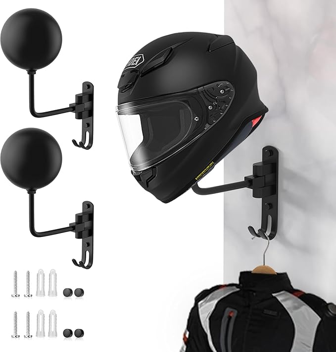 aiGear Motorcycle Helmet Holder, 180°Rotatable Motorcycle Helmet Rack with Double Hooks, Space Aluminum Motorcycle Helmet Holder Wall Mount for Motorcycle Bike Coats, Baseballs, Rugby Helmet (2 Pack)