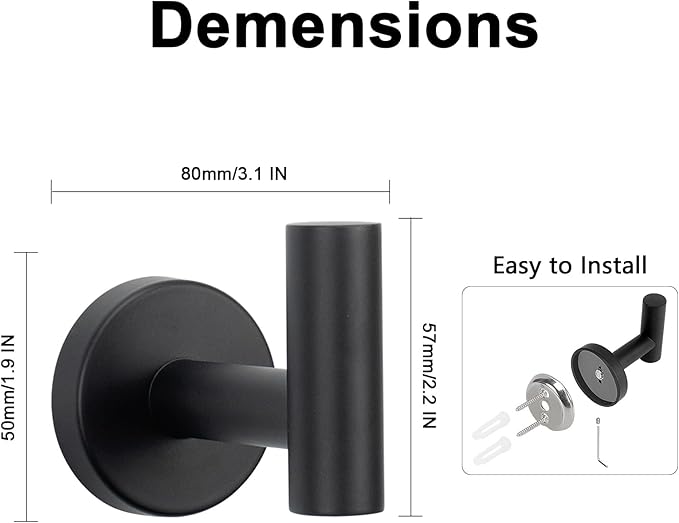 NearMoon Bath Towel Hooks- SUS 304 Stainless Steel Robe Hook Holder, Heavy Duty Coat Hook for Bathroom Livingroom Hotel Kitchen Garage, Wall Mounted (Matte Black, 8 Pack)