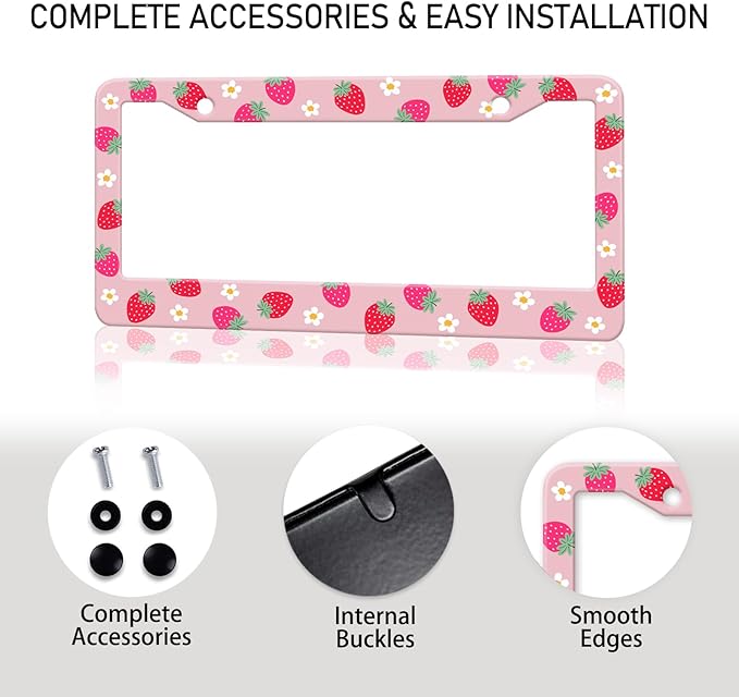 Cute Strawberry Printed License Plate Frame, Strawberry and Flowers Frames Holder Covers, Metal Aluminum Rustproof Car Accessories for Us Canada Standard Women Men 2 Holes with Screw Caps