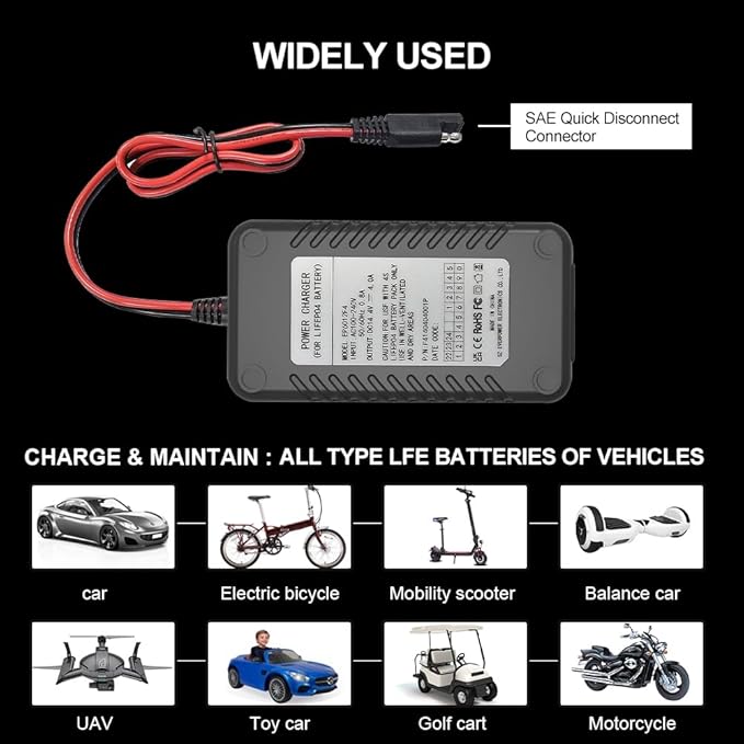 4-Amp LiFePO4 Battery Charger,14.6 Volt Lithium Battery Charger,Smart Charger for Cars,Motorcycles,Lawn Mowers,Toy Cars,Golf Carts,UAV,Fishing Boat,Lithium and Deep Cycle Batteries