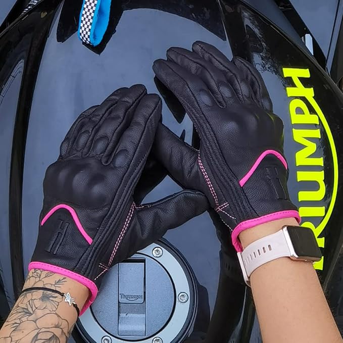 Harssidanzar Women's Motorcycle Gloves,Leather Motorcycle Gloves, Motorbike Gloves, Road Racing, Cycling, Climbing, Powersports Gloves Touchscreen GL016