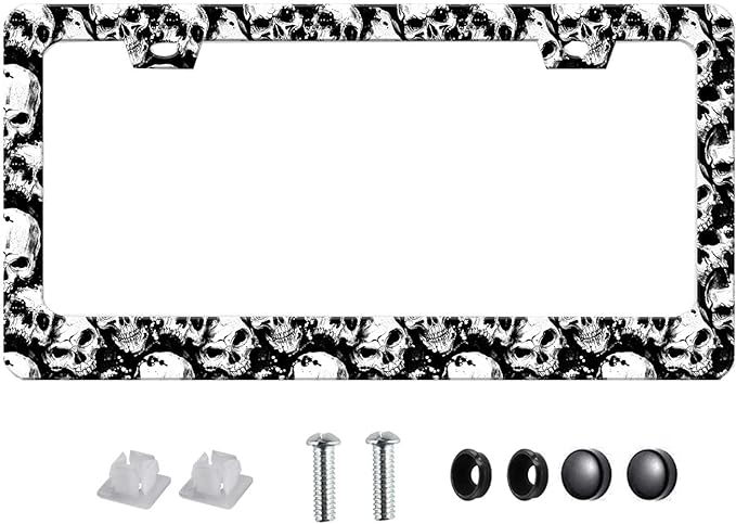 Skull License Plate Frame Black and White Skull License Plate Holder Cool Auto Accessory Car Decor Bracket Aluminum License Tag Plate with Anti-Theft Screw Caps-1Pcs