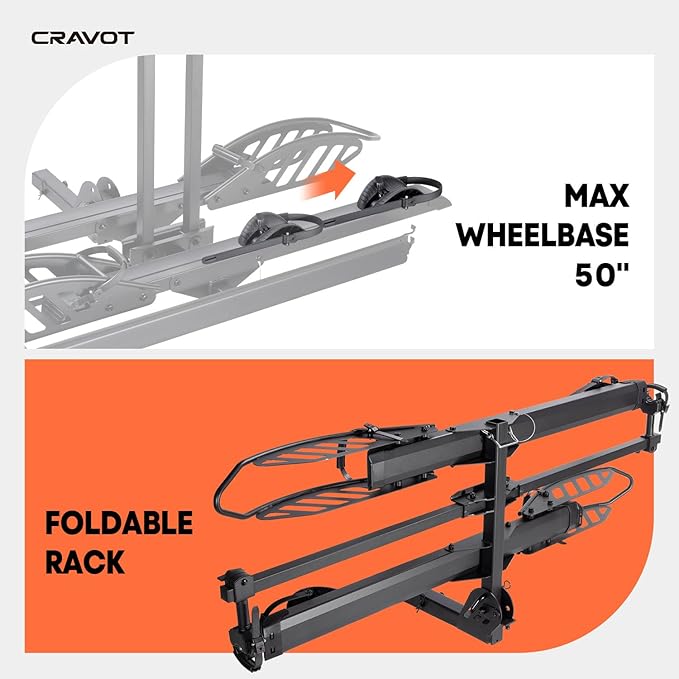 CyberRack E2 Hitch 2 EBike Rack with Ramp, 200 lbs Capacity Electric Bike Carrier Foldable Platform Mount, Up to 5-inch Fat Tire Bicycle for 2'' Receiver Cars Trucks SUVs Minivans RV, Trailer