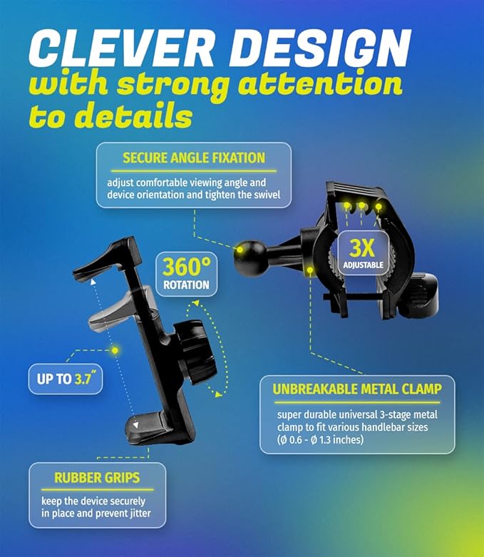 Metal Bike & Motorcycle Phone Mount for Any Smartphone (iPhone 16 Pro Max/e, Galaxy S25). Unbreakable Handlebar Cell Phone Holder for Bike, Scooter, Bicycle Phone Mount. x10 to Safeness & Comfort