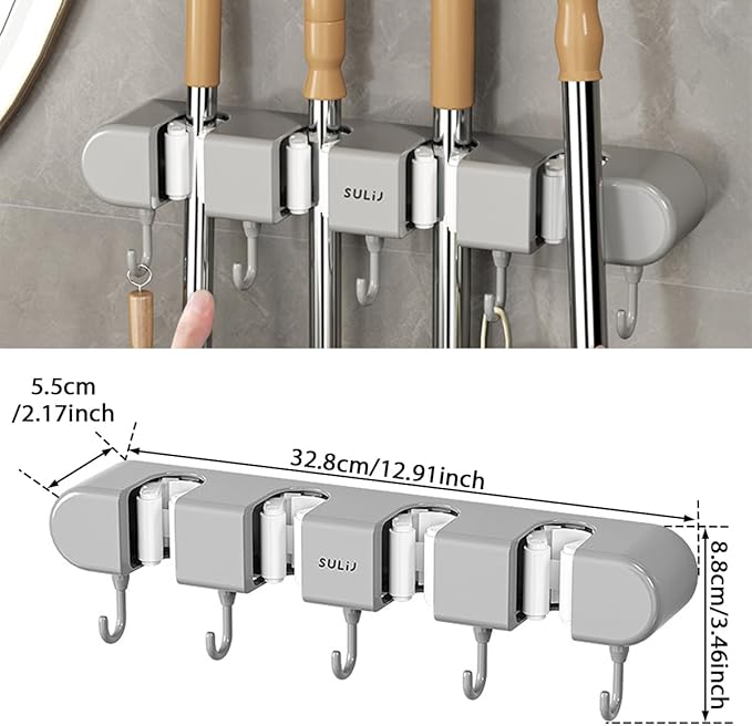 3PCS Broom Mop Holder with Hooks Wall Mounted Broom Storage Rack No Drilling Self-Adhesive Mop Broom Organizer Mop Holder Hanger for Bathroom Office Kitchen Closet Garage,Grey (3)