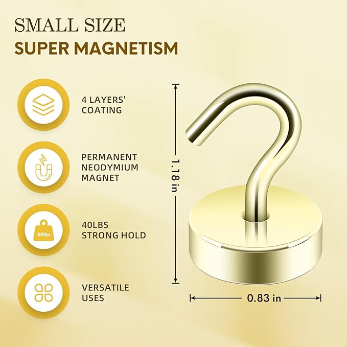 Neosmuk Magnetic Hooks, Cruise Ship Essentials, 40lb+ Heavy Duty Magnetic Hooks for Cruise Cabins, Refrigerator, Grill, Hanging, and Travel | Extra Strong Must-Haves Magnet Hook,Gold,Pack of 10