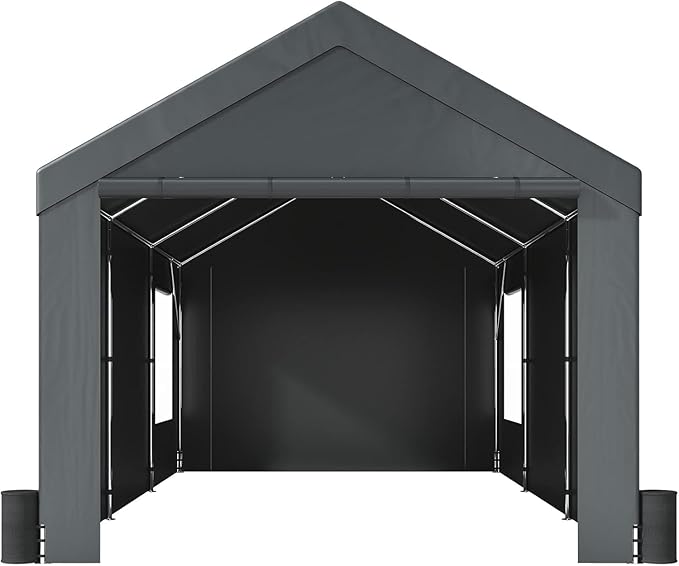 Auraway Carport 12'x20' All-Season Portable Garage Carport, Heavy-Duty Canopywith Roll-Up Vent Windows, Front and Rear Zip Doors, Sandbags, for Cars, Motorcycles and Outdoor Storage (Grey)