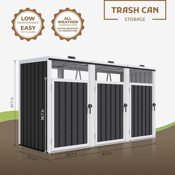 7.3' x 2.7' Metal Storage Shed Outdoor, Waterproof Garbage Can Enclosure for Three 50-Gallon Cans, Perfect for Garden, Backyard, Poolside and Lawn