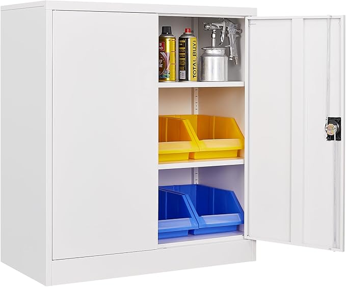 Metal Storage Cabinet, Lockable Storage Cabinet with 2 Doors and Shelves, Metal Cabinet with Lock, Small Lockable Metal Cabinet for Home Office(White)