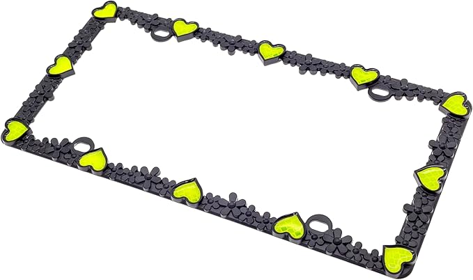 Creathome 3D Daisy Heart License Plate Frame from Pure Zinc Alloy Metal Perfect Plate Holder, Matt Black Daisy with Yellow Reflective Heart