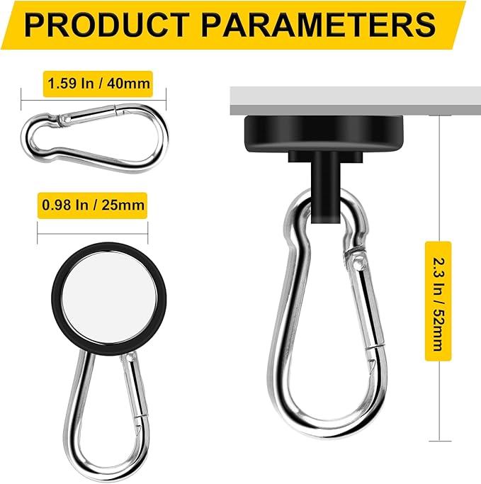 DIYMAG Black Magnetic Hooks, 110LBS Heavy Duty Neodymium Magnetics with Swivel Carabiner Hook,Great for Your Refrigerator and Other Magnetism Surfaces, Pack of 15