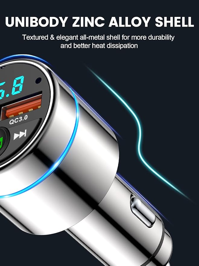 FM Transmitter for Car Bluetooth 5.3, All-Metal PD 20W & QC3.0 18W Fast Charger, Wireless FM Radio Car Kit Bluetooth Adapter, Noise Cancelling Hands-Free Call, Hi-Fi Music, Ring Light