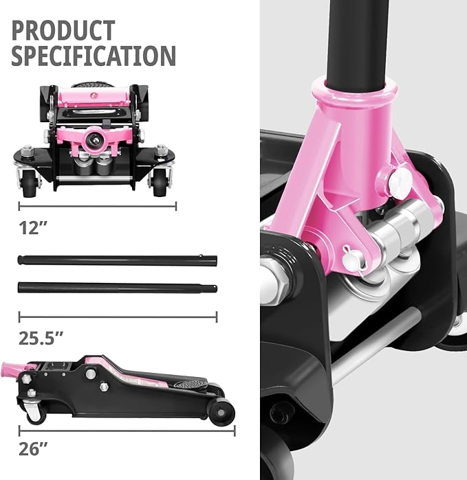 DNA MOTORING Floor Jack 4 Ton (8000 lbs) Capacity, Fast Lift Low Profile Hydraulic Trolley Jack, Steel Heavy-Duty Service Car Jack, Lifting Range 4.5"-20", Pink, TOOLS-00308-PK
