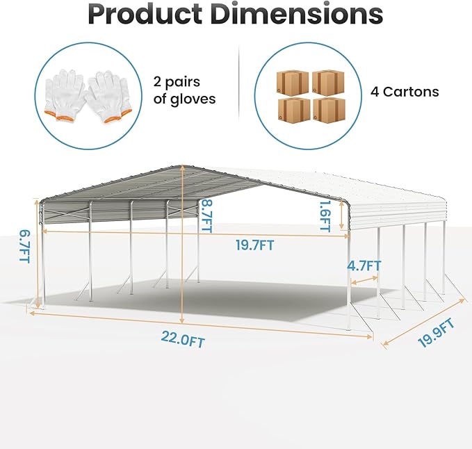 20x20ft Heavy Duty Metal Carport – Outdoor Galvanized Garage, Sturdy Structure, All-Weather Protection, Easy Assembly for Cars, Trucks, Boats, Tractors, and Outdoor Storage (White, 20x20FT)
